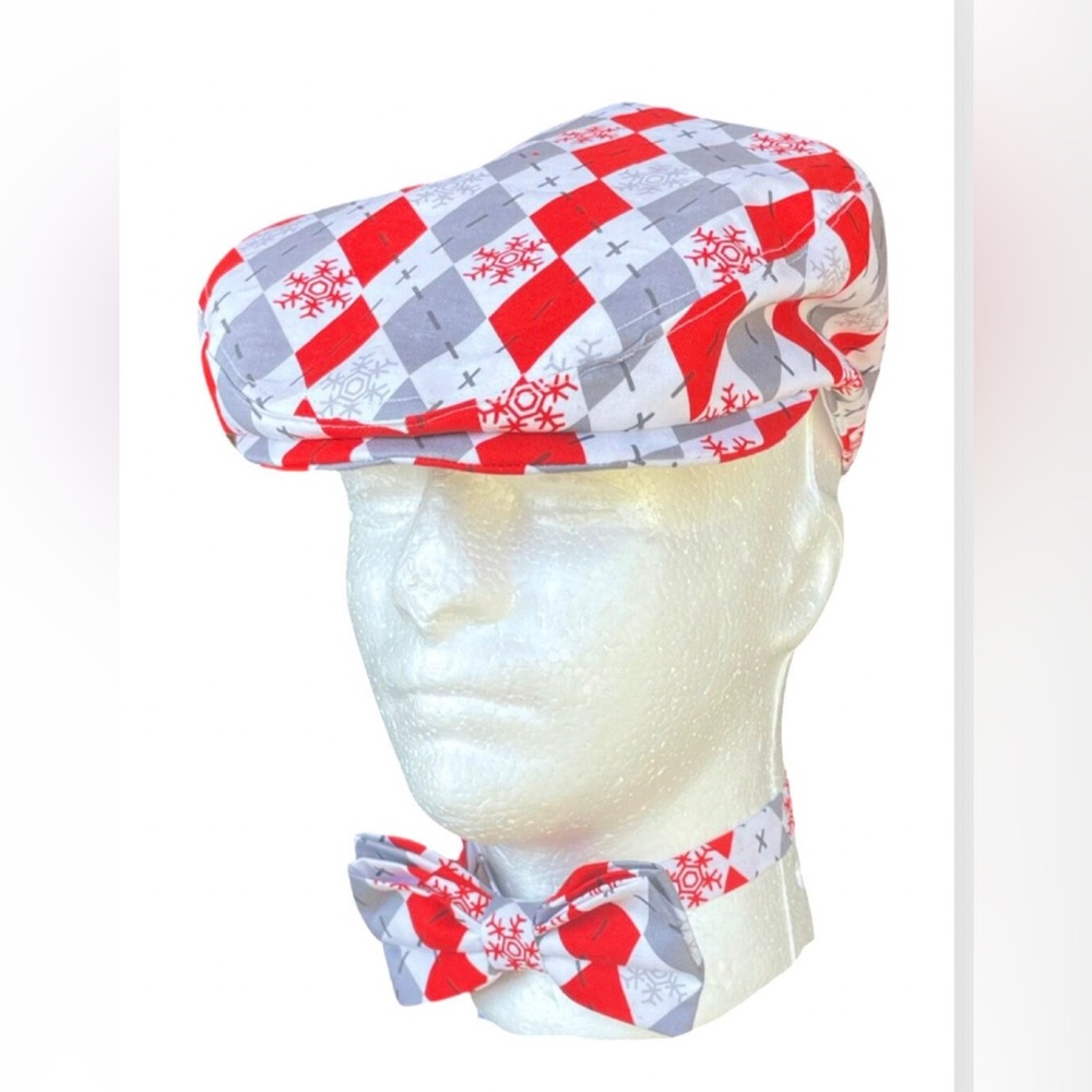 Christmas Flat Cap & Bow Tie Set – Red Grey Plaid holiday outfit argyle gift